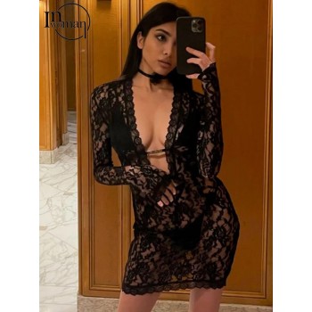 Inwoman Sexy Lace See Through Mini Dress Party Evening For Woman 2023 Summer Black Long Sleeve Short Dress Hollow Out New Dress